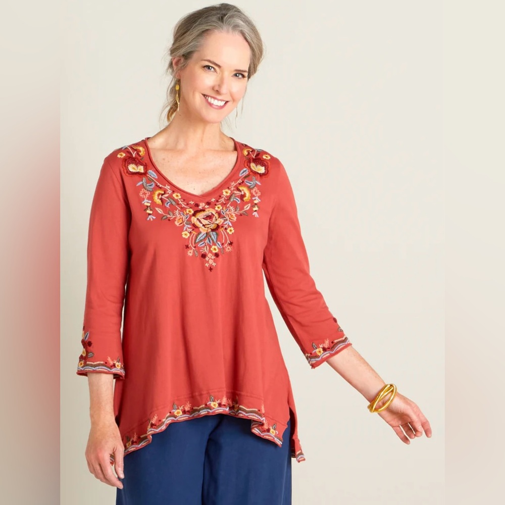 Karyn Seo 3/4 Sleeve V-Neck, Floral Embroidery, Side Slits and Hi- Lo Hem Cotton